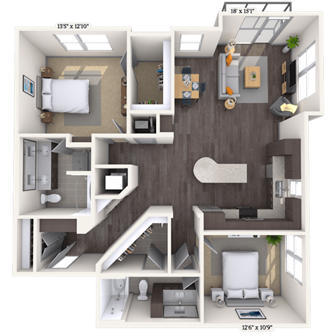 Floor plan for 2 beds, 2 baths, 1302 sqft